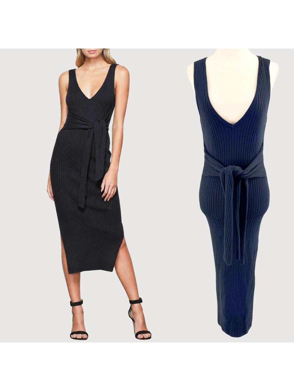 Good American Rib Knit Tie Waist Midi Dress Black Size 3
